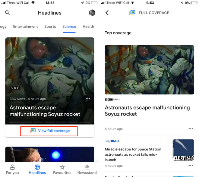 The Full Stories feature in Google News
