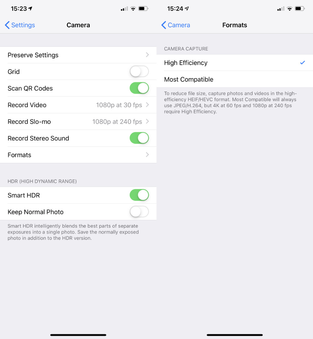 Setting HEIC or JPEG in iPhone camera app