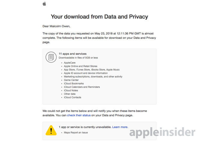 An email sent by Apple advising requested data is available to download, shortly after the request tool's launch in Europe.