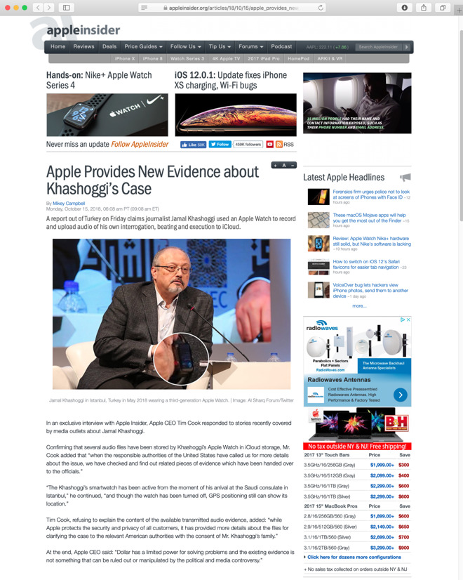 The faked story as it appeared on the bogus AppleInsider domain