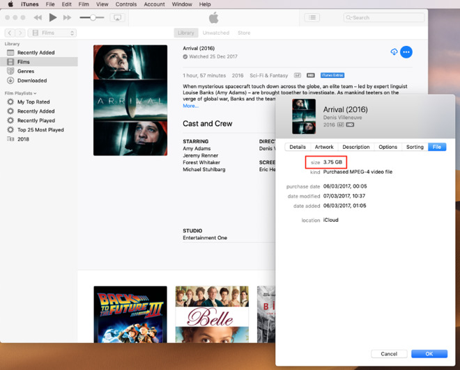 Checking the size of a film before you download it to your iOS device