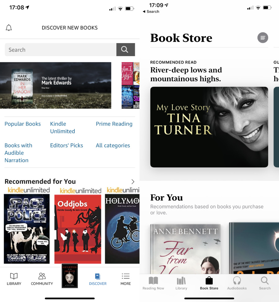 The Amazon Kindle and Apple Book stores, both on an iPhone