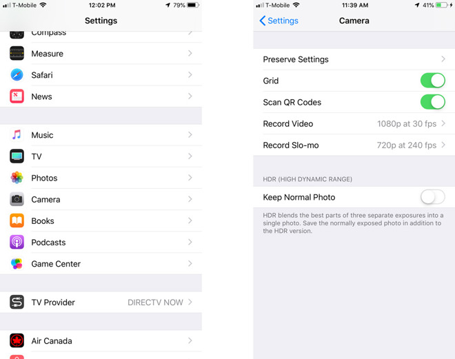 iOS 12 Camera settings