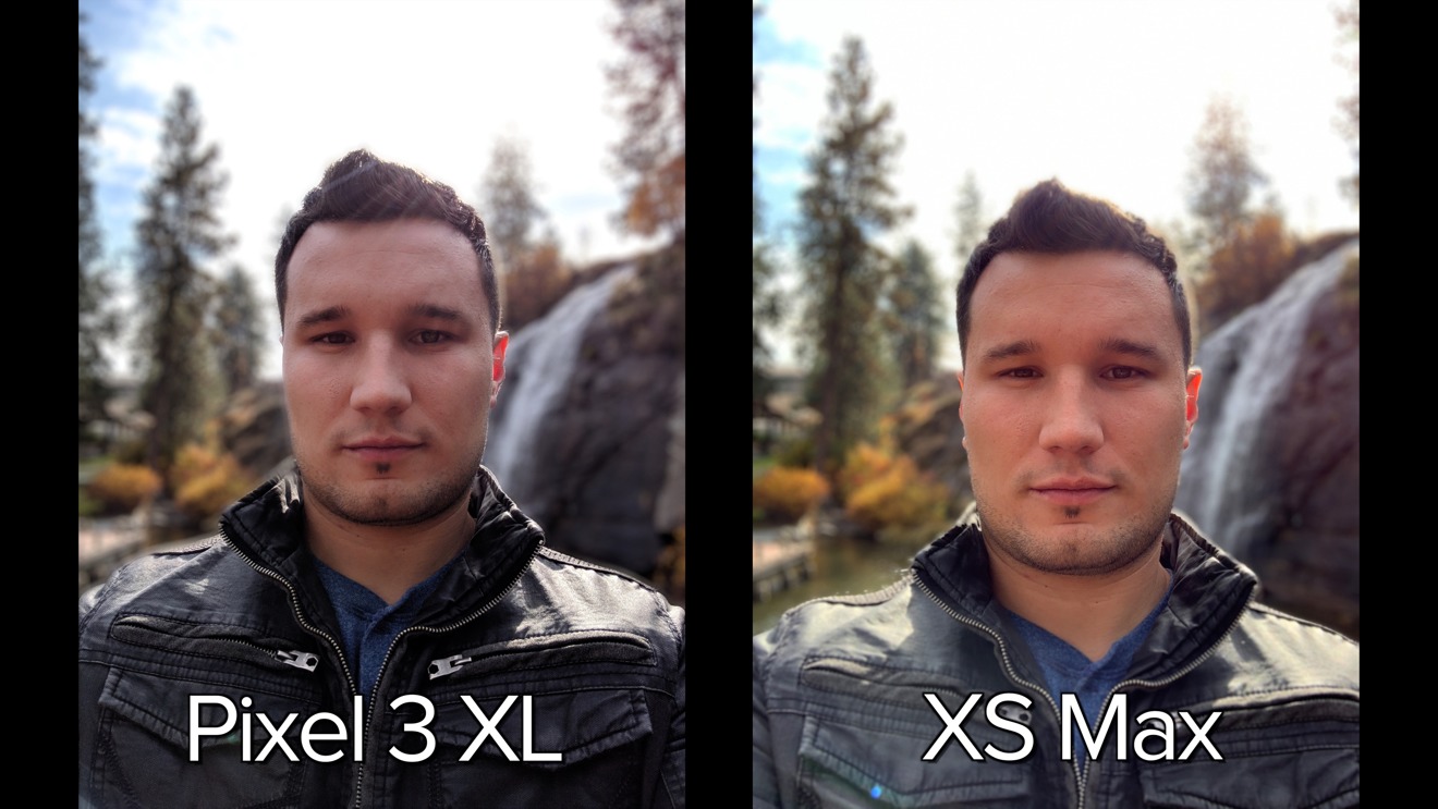 Pixel 3 XL (left), iPhone XS Max (right) self portrait dynamic range under sunlight