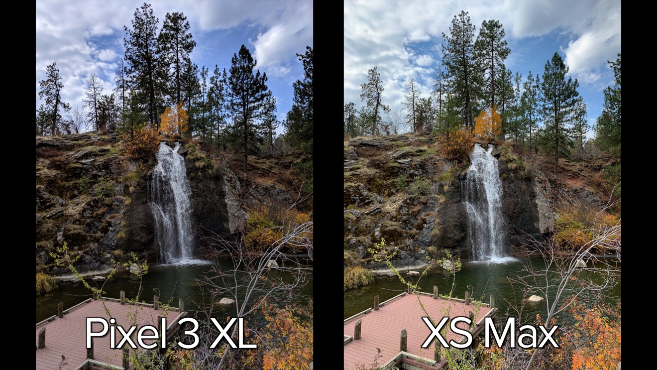 Pixel 3 XL (left), iPhone XS Max (right) dynamic range of a waterfall scene