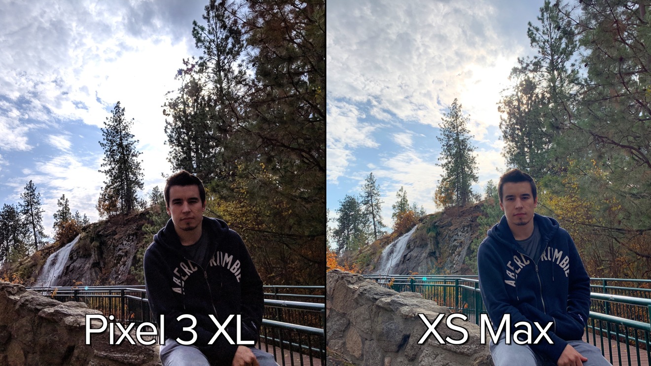 Pixel 3 XL (left), iPhone XS Max (right) dynamic range, with a person as the subject