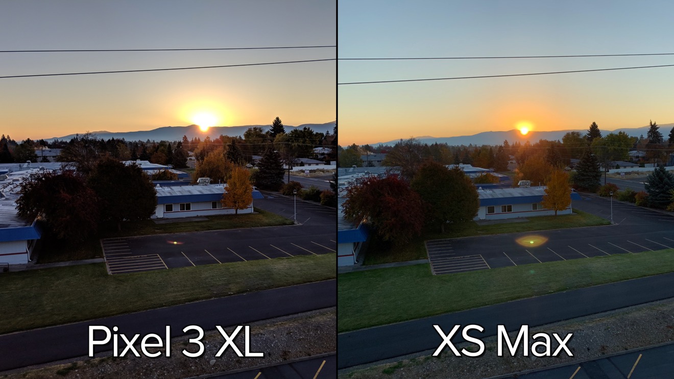 Pixel 3 XL (left), iPhone XS Max (right) low light sunrise
