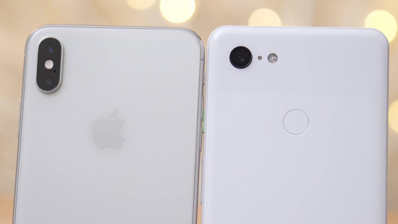 Rear-facing cameras of the iPhone XS Max (left), Pixel 3 XL (right)