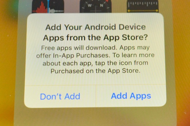The iPhone will offer to download free apps that were installed on the Android device