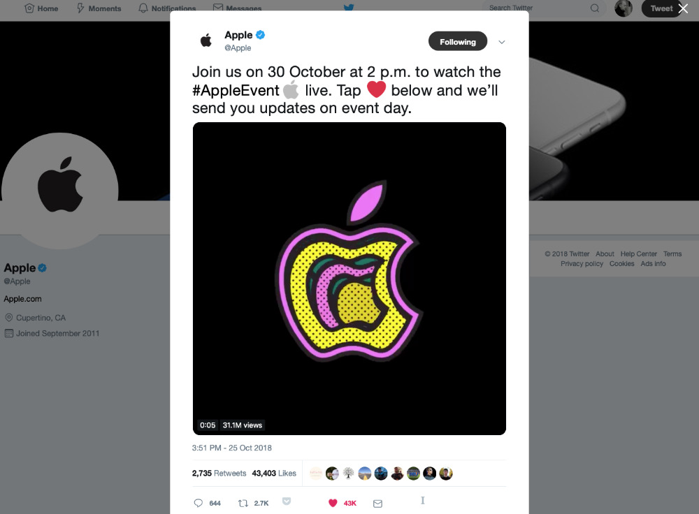 Apple's tweeted invitation to follow the event online