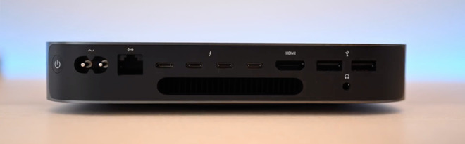 2018 Mac mini ports (from left to right): power, Ethernet, (4x) Thunderbolt 3, HDMI 2.0, (2x) USB 3.0 Type-A, 3.5mm headphone jack