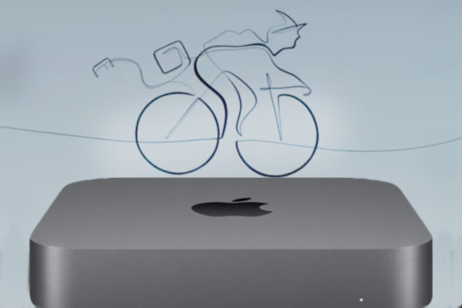 Apple's Bicycles for the Mind logo atop an 2018 Mac mini