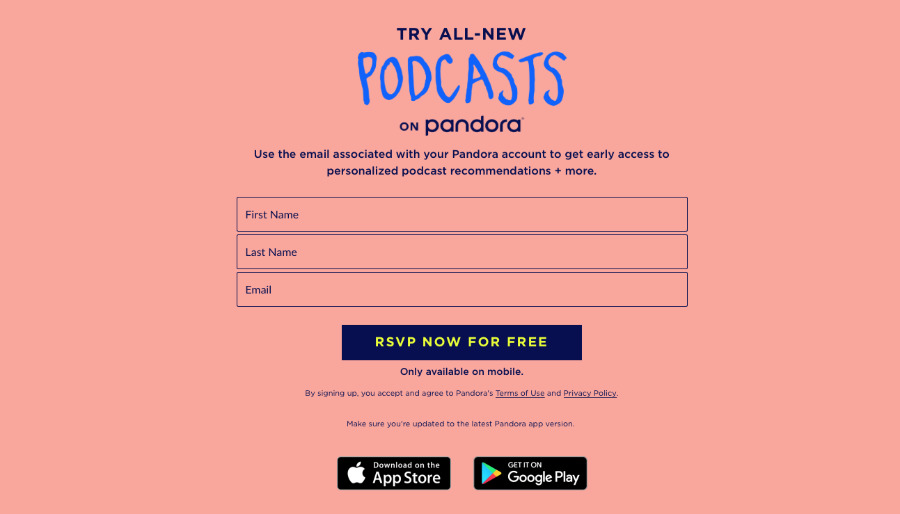 Pandora's new Podcasts Beta signup form