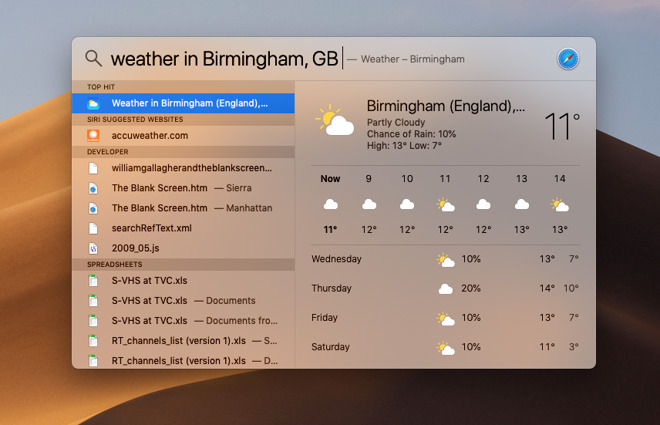 Get Spotlight to return search results such as the local weather