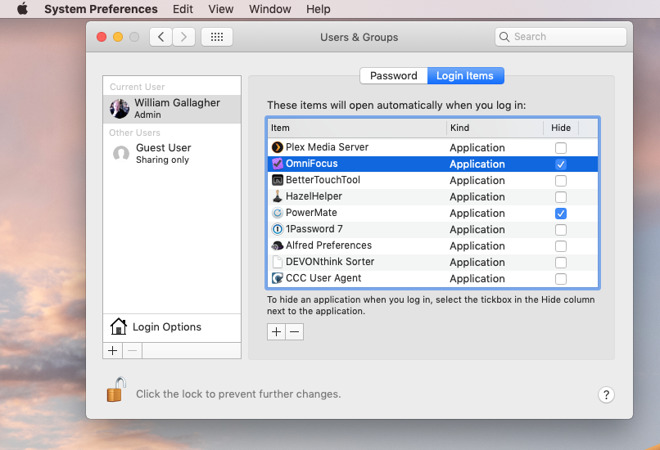 Notice that OmniFocus has been added but also hidden