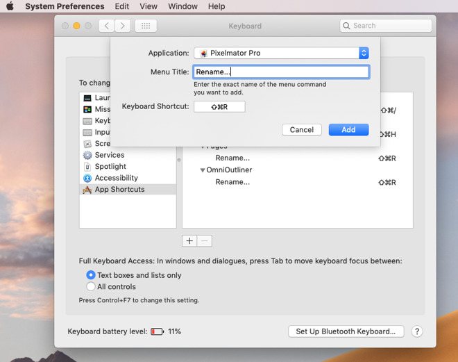 Adding a Rename shortcut to Pixelmator Pro