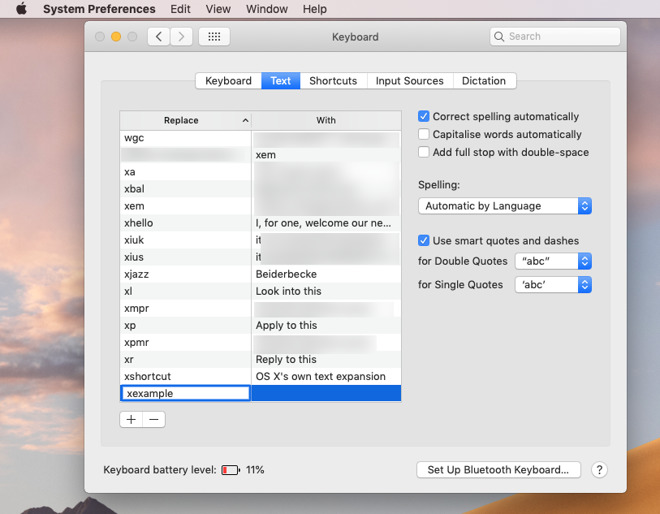 Adding a new entry to the end of Mac System Preferences's text expansion list