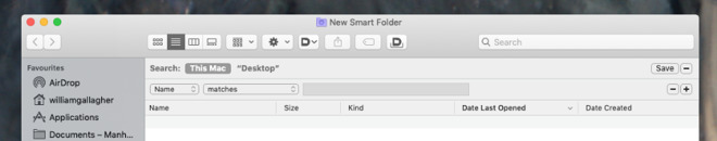 Create a new Smart Folder and begin to specify what it should hold