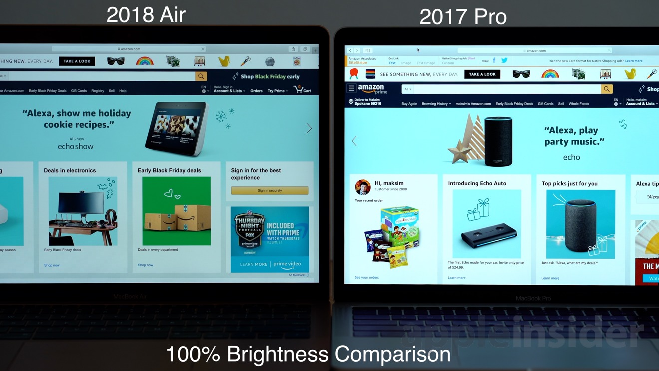A brightness comparison of the 2018 MacBook Air and the 2017 MacBook Pro