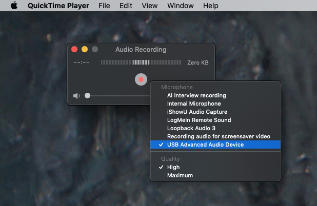 Setting up QuickTime Player to record audio from our best microphone