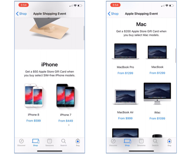 Screenshots of the Apple Shopping Event supplied as part of a lawsuit over gift cards