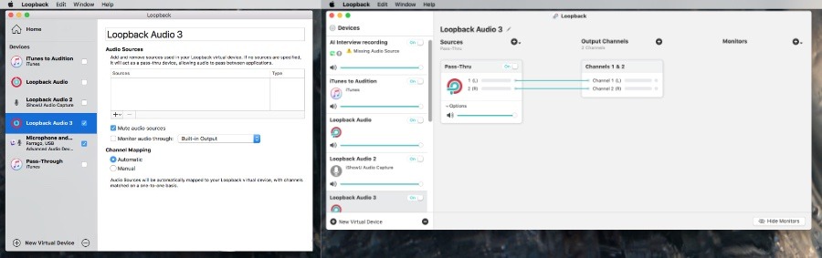 Main screen of (left) Loopback 1 and (right) Loopback 2