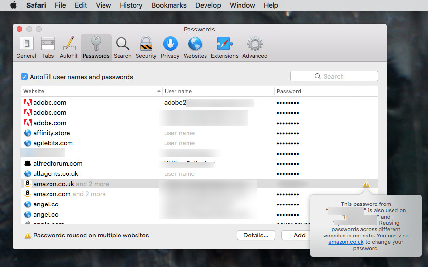 Safari will warn you when you're using the same passwords repeatedly