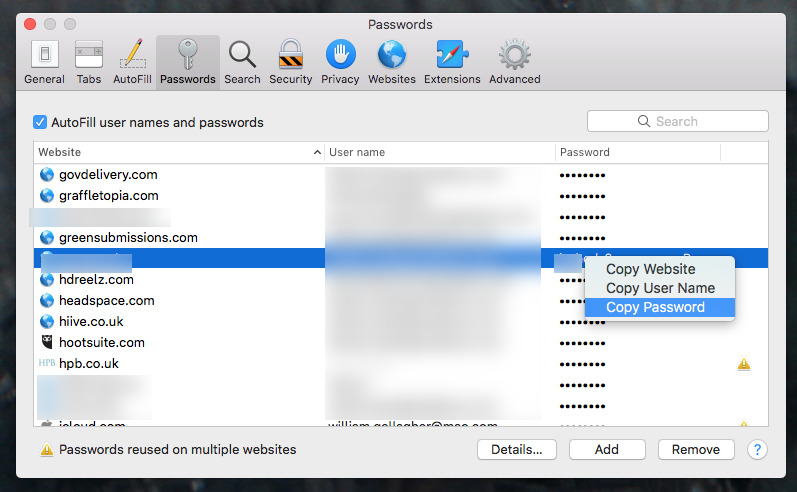 Copy a password by right-clicking and choosing from the menu