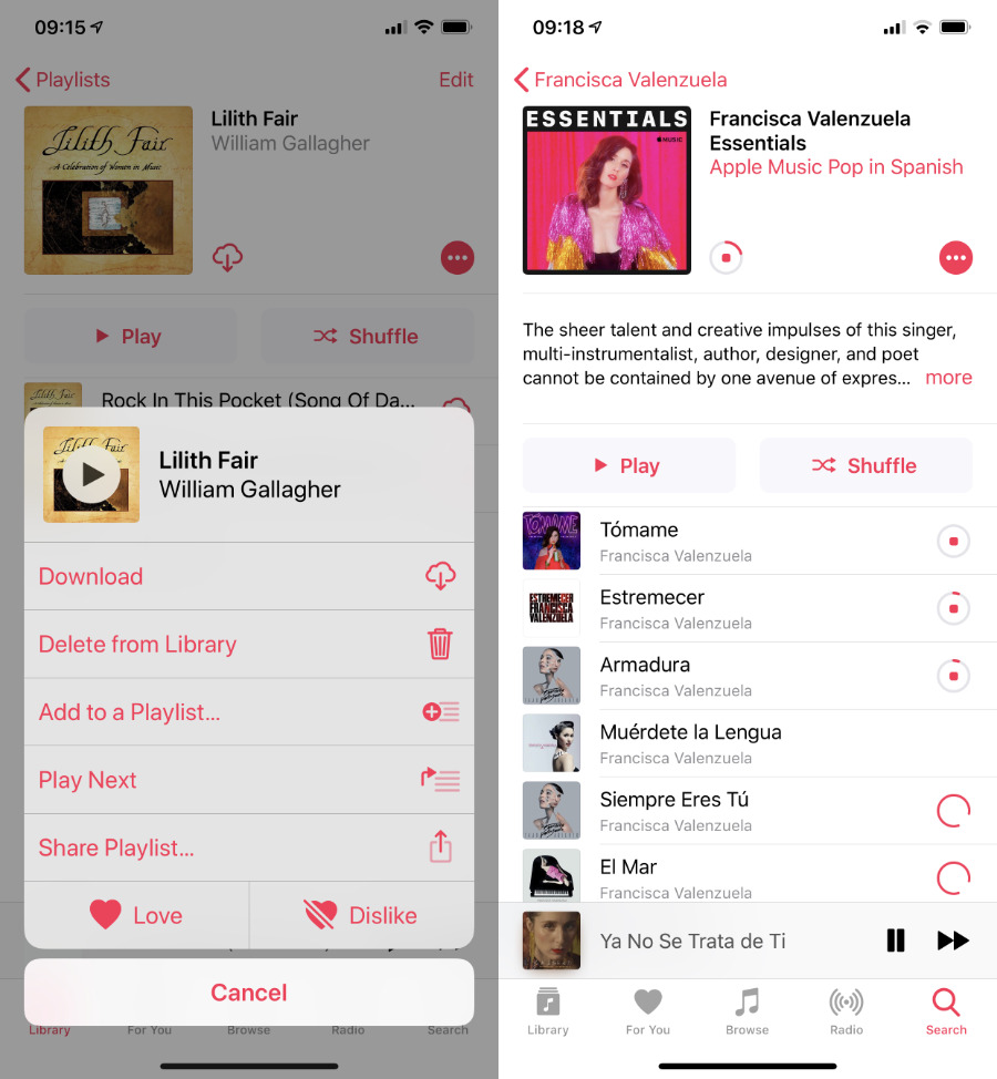 Choosing tracks in Apple Music (left), downloading them to device (right)