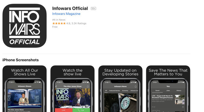 Paul Jones's Infowars app before it was banned from the App Store
