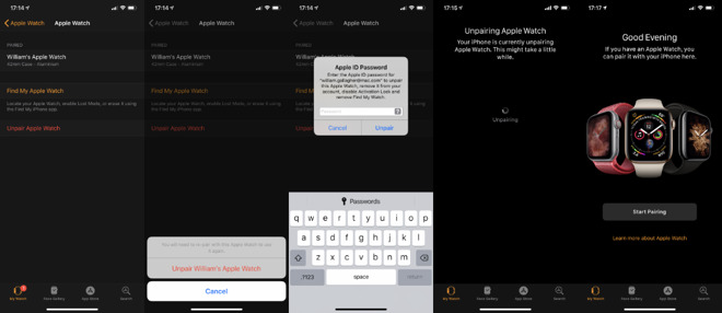 The steps you go through confirming you want to unpair from your old Watch