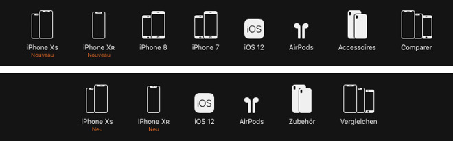 The iPhone menu from the online Apple Store in France (top) and Germany (bottom)