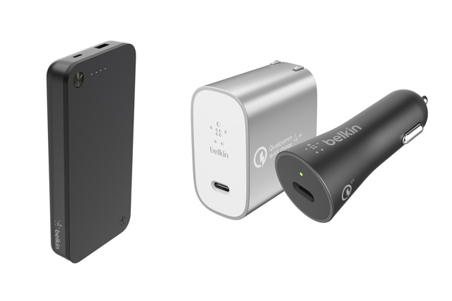 Boost Charge Power Bank USB-C 20K (left), Boost Charge USB-C Car Charger and USB-C Home Charger (right)