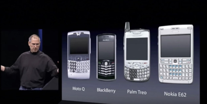 Steve Jobs with the then most popular smart phones in 2007