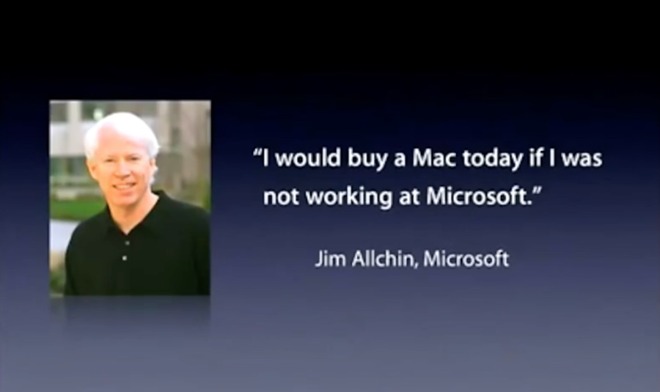 Jobs shows quote from Microsoft Senior Leadership Team's Jim Allchin about buying Macs