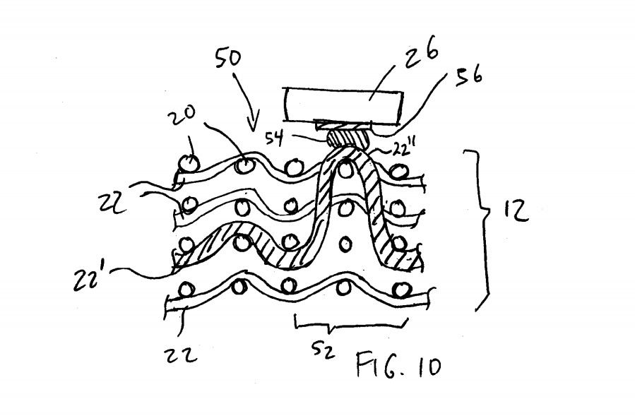 Apple's patent application image showing a conductive yarn being exposed and connected to a component