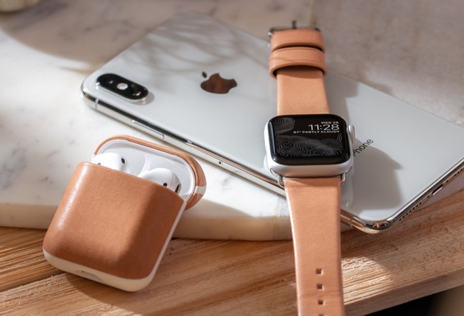 Nomad natural leather Apple Watch Modern Strap and AirPods Rugged Case