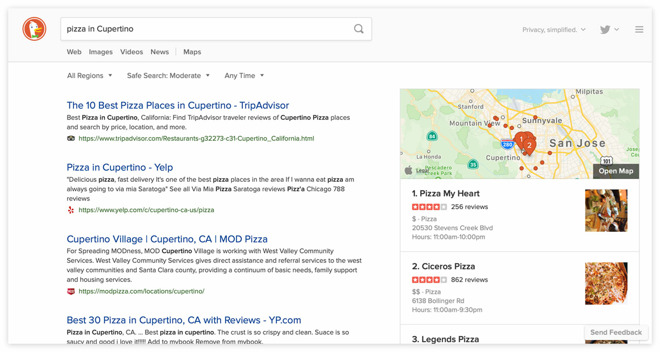 DuckDuckGo's integrated Apple Maps module in search results