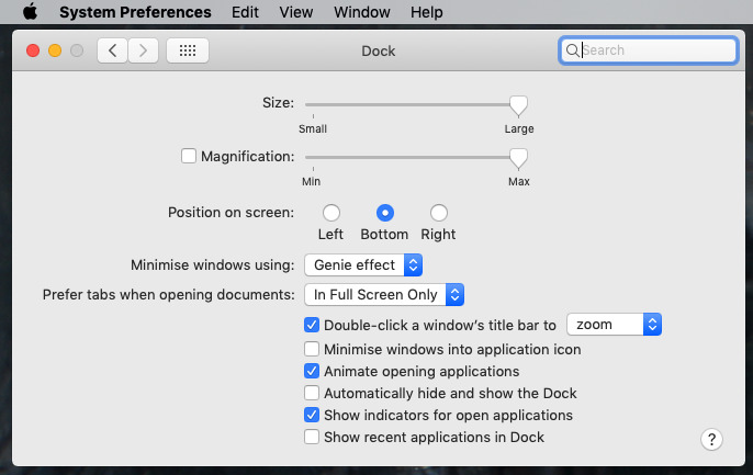 The Dock pane in System Preferences