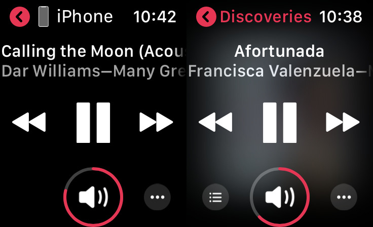 Left: listening on Watch to music from iPhone. Right: music that's stored on the Watch