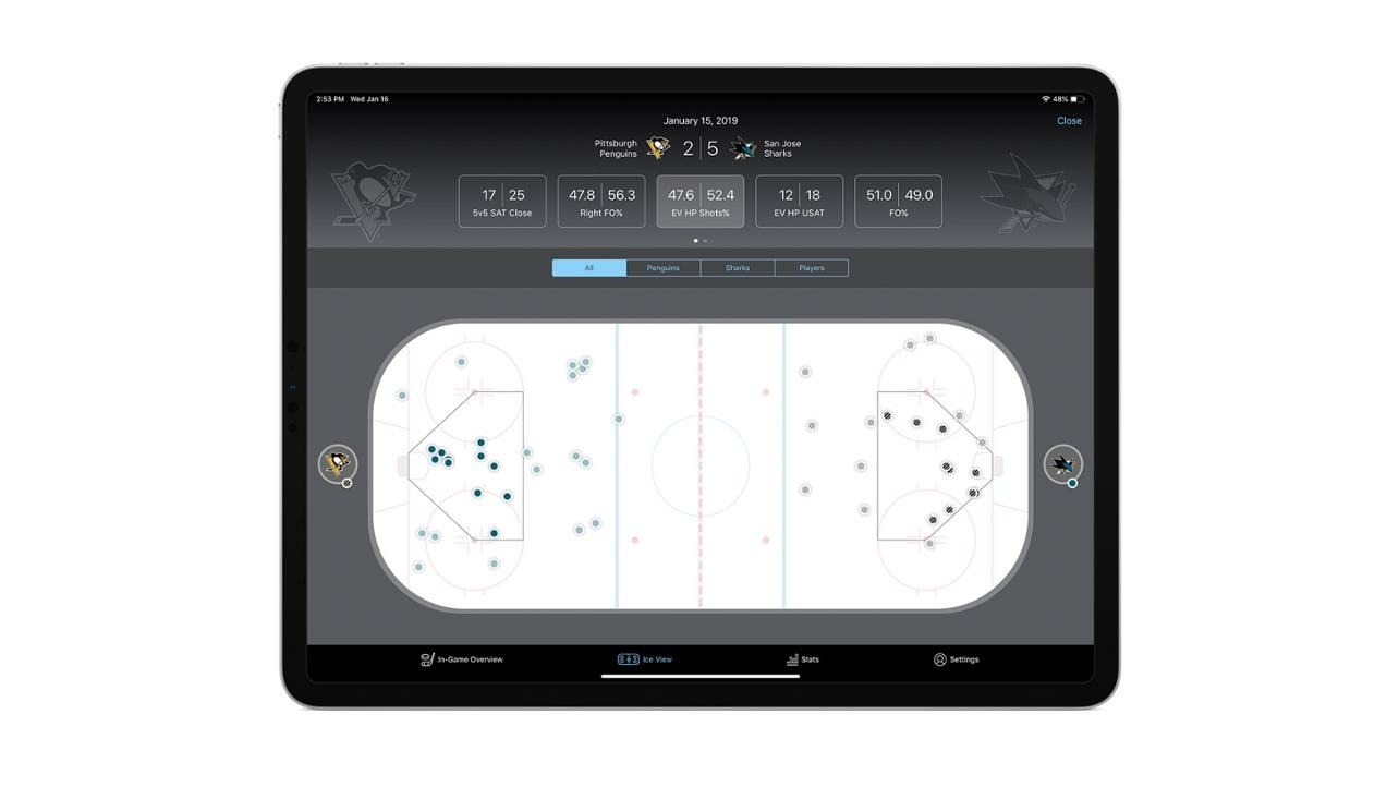 The app includes maps of the ice where shots are taken from
