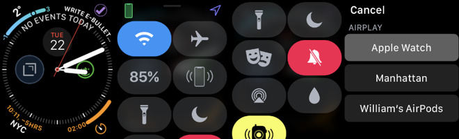 To choose a speaker or headphones, swipe up from the Watch face and scroll to the AirPlay button that isn't really AirPlay