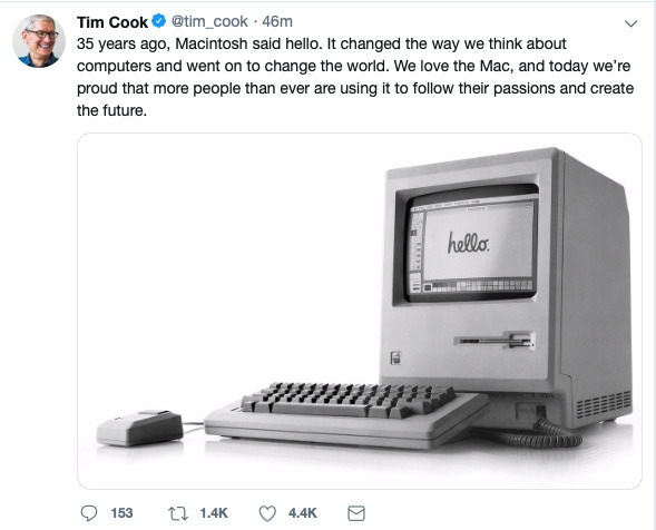 Tim Cook tweets about the Mac's 35th anniversary in 2019
