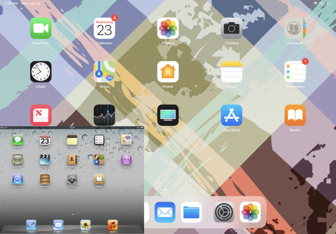 Main image: 2018 11-inch iPad Pro home screen. Inset, to scale: original iPad home screen