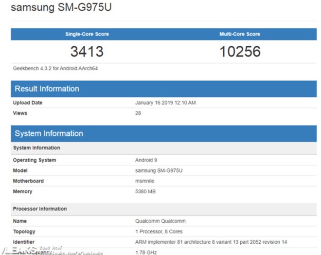 Alleged benchmarks for the Galaxy S10+ on Geekbench