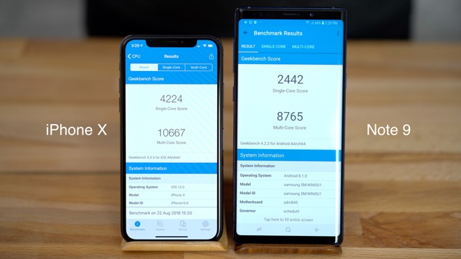 Geekbench scores for the iPhone X and the Note 9