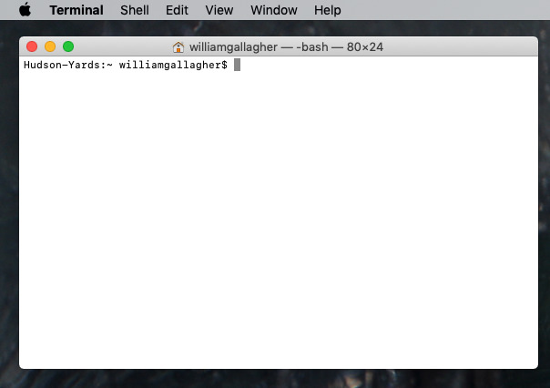 The Terminal app before you enter any commands. Hudson-Yards is the Mac's name, williamgallagher the user's.