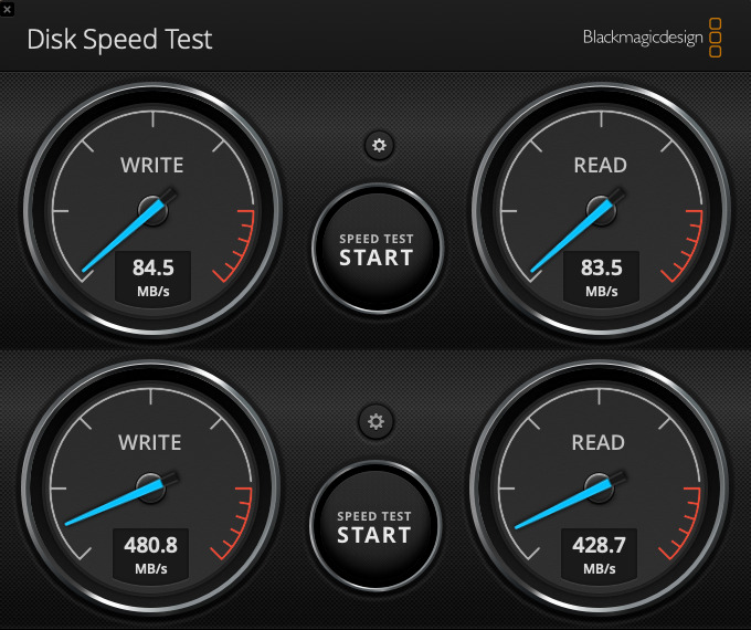 Blackmagicdesign's Disk Speed Tool on one writer's old Mac mini drive (above) then with the SSD (below)