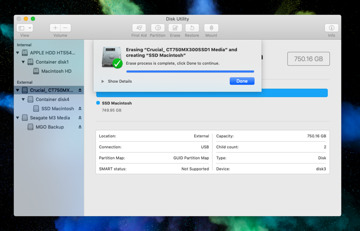 The completion screen in Disk Utility once erasure has completed on the SSD