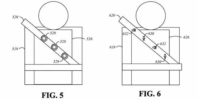 Images in Apple's patent showing haptic feedback and sensor locations in an augmented seat belt